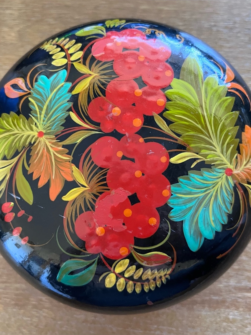 Vintage Russian lacquered wooden round trinket box with lid -hand painted